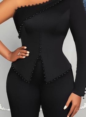 Solid slanted shoulder beads two-piece set纯色斜肩钉珠两件套