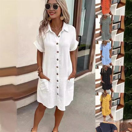 Simple large V-neck button dress for summer简约大V领纽扣女裙