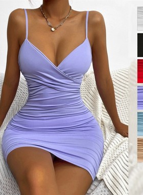 Sexy V-neck backless slip wrap hip dress  露背吊带包臀连衣裙