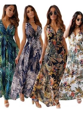 Hot Selling Printed Backless Strappy Dress印花露背绑带连衣裙