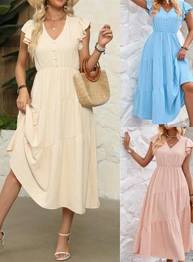 Summer V-neck girly style solid color dress 少女风纯色连衣裙
