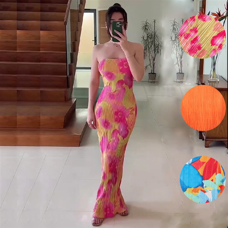 Bandeau print pressed bow maxi skirt  抹胸印花压褶蝴蝶结长裙