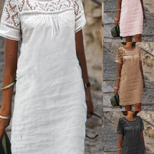 Lace crewneck panelled cotton and linen dress 蕾丝拼接棉麻裙