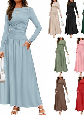 Round neck pocket long sleeve knitted dress  口袋针织连衣裙