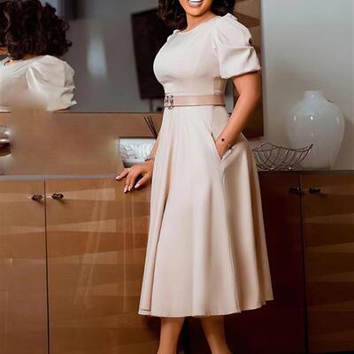 Waist-defined large flared puff sleeve dress收腰泡泡袖连衣裙