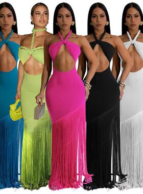 Fringed patchwork bandeau bandage dress 流苏拼接抹胸绷带女裙