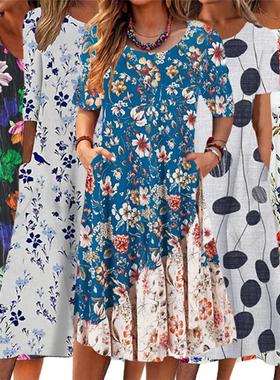 Crewneck printed temperament pocket dress 圆领印花口袋连衣裙