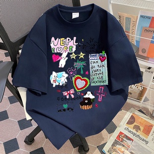 美式纯棉短袖t恤男女2025夏季新款个性痞帅印花宽松百搭半袖上衣