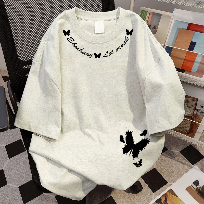 夏季纯棉男女装t恤短袖时尚蝴蝶印花休闲潮牌韩版百搭上衣学生