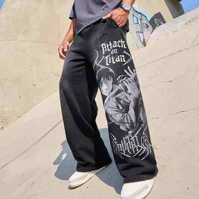 youngla动漫印花美式高街运动裤宽松复古直通长裤健身训练毛圈棉