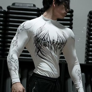 紧身长袖 印花半高领健身衣训练t恤男士 高弹运动速干服 美式 BD秋款