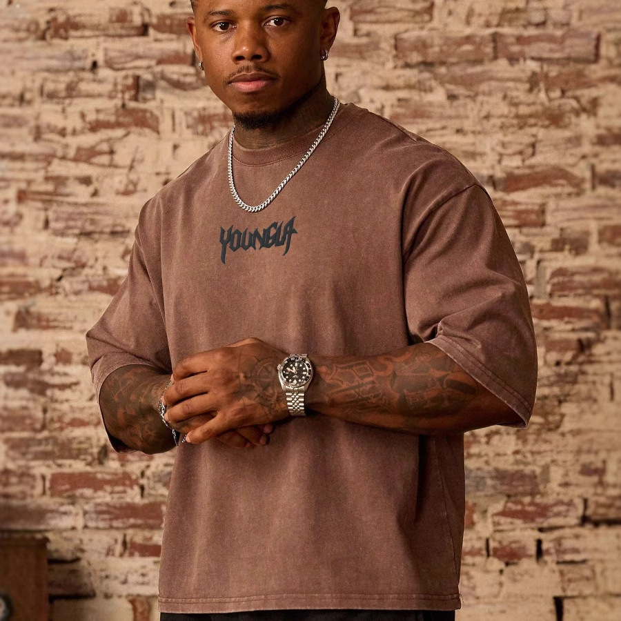 YOUNGAL新款纯棉美式复古水洗T恤