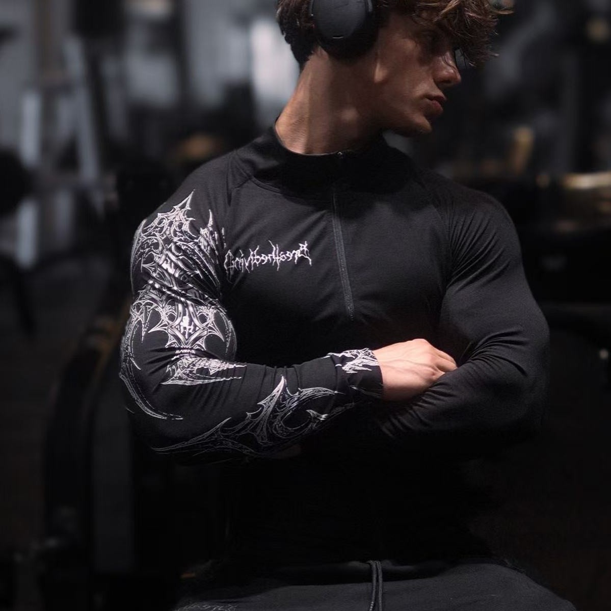 BD欧美式印花健身长袖男拉链款外套肌肉训练速干跑步修身衣高弹