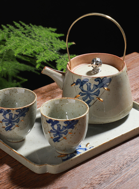 复古粗陶茶壶一壶二杯旅行茶具陶瓷水壶功夫茶具日式提梁壶单壶