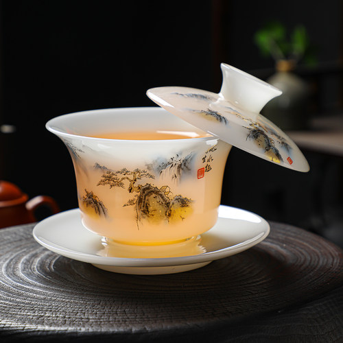 高档璞玉盖碗冰种陶瓷三才碗悬停