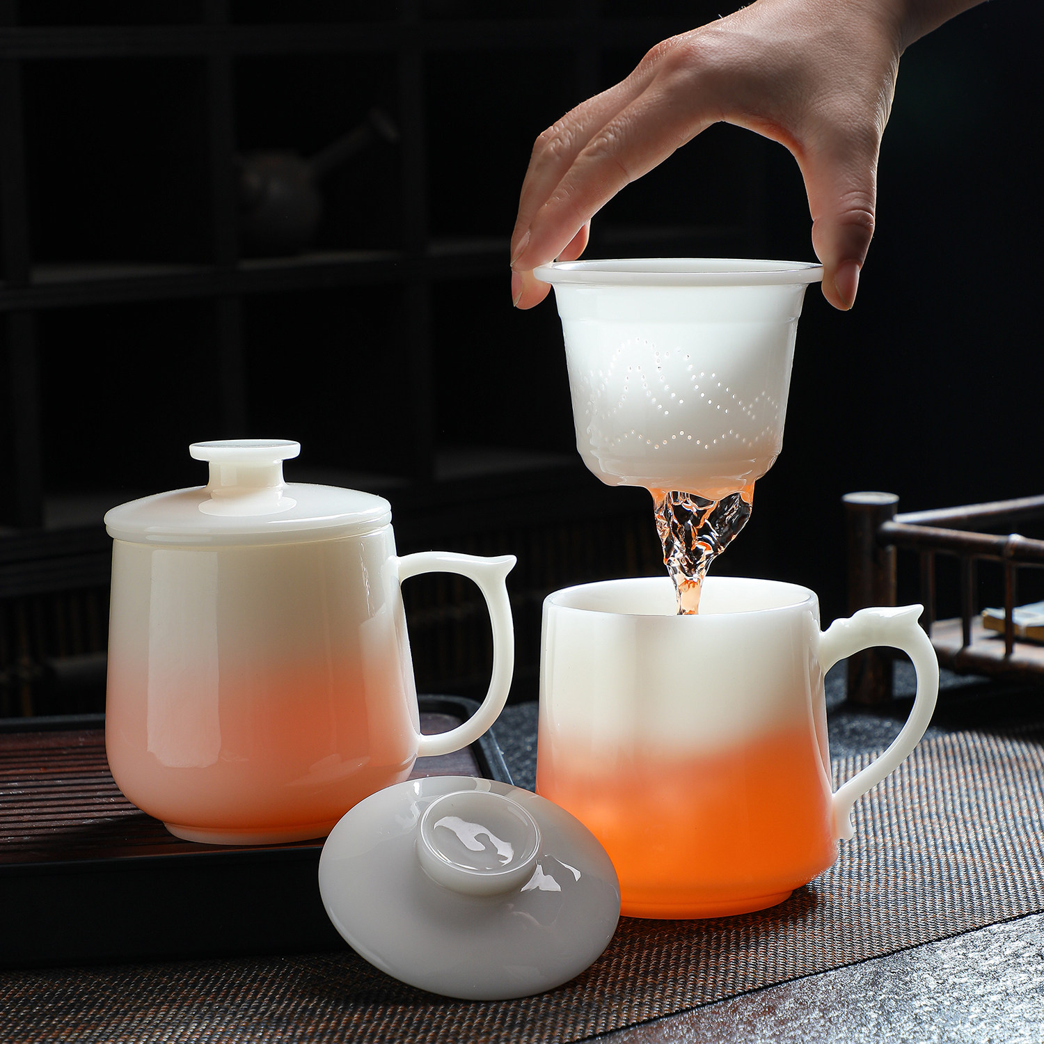 高档璞玉冰种玉瓷办公杯陶瓷水杯茶水分离会议杯马克杯泡茶个人杯