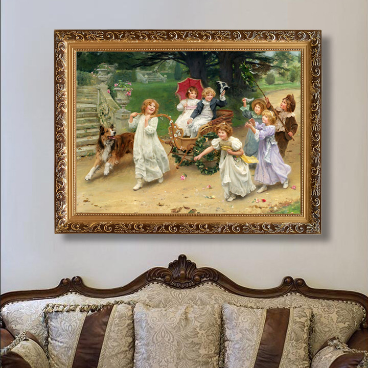 可爱小孩幼儿园挂画喷绘油画古典人物油画世界名画有框画宠物油画