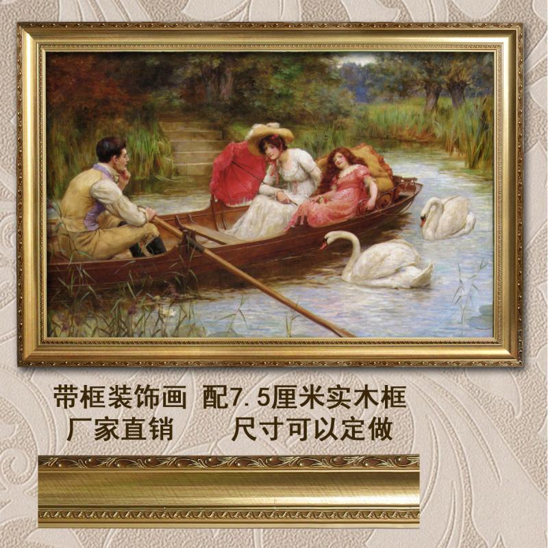 划船人物油画成品装饰画酒店会所壁画有框画微喷油画布尺寸可定做图片