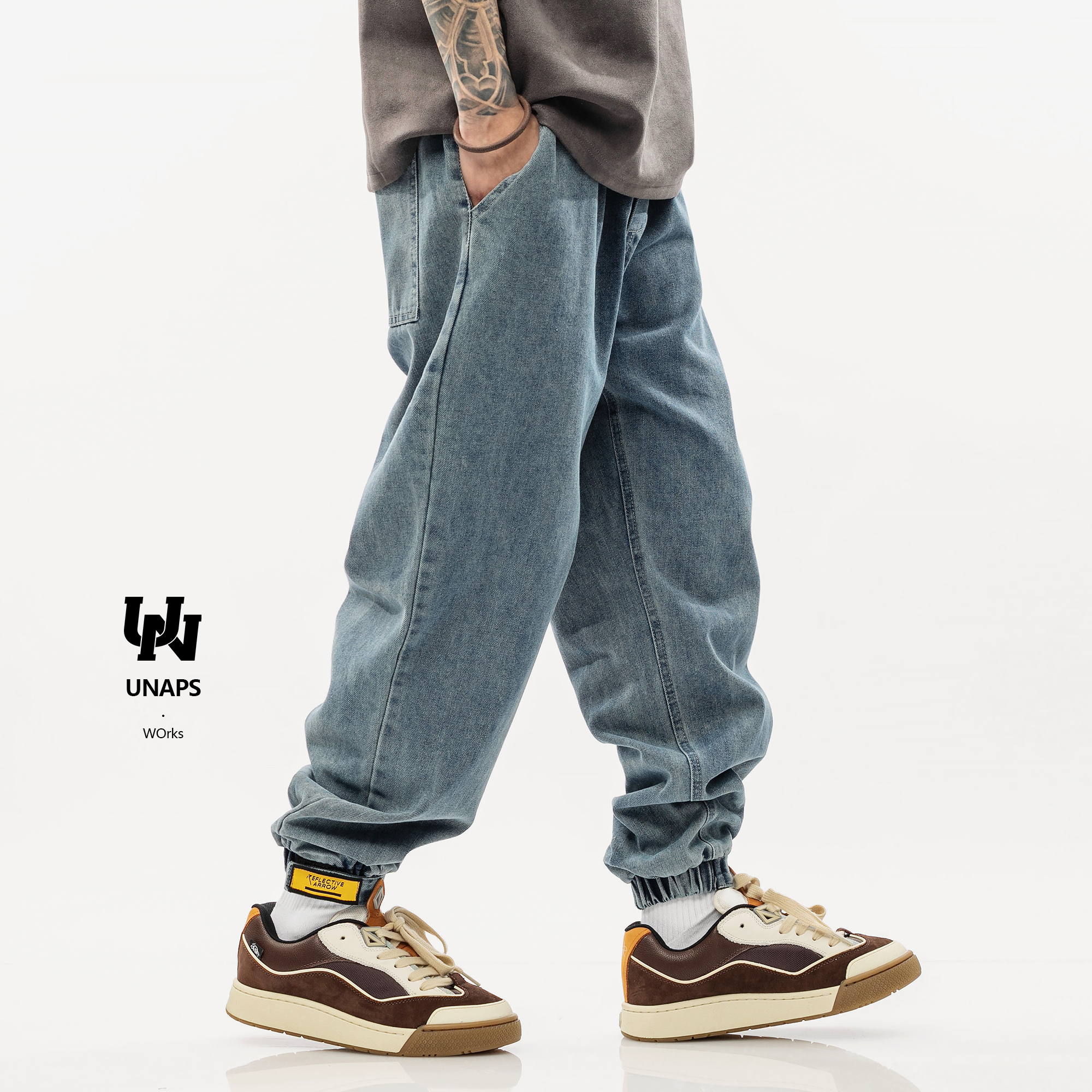 UNAPS九分水洗夏季魔术贴牛仔裤