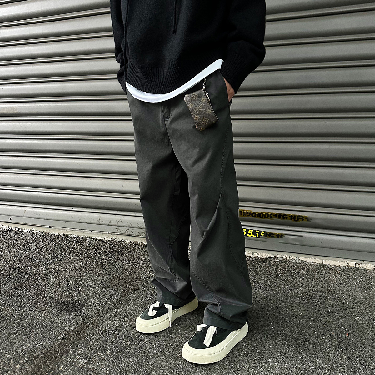 2025复古褶皱微喇直筒工装裤男女
