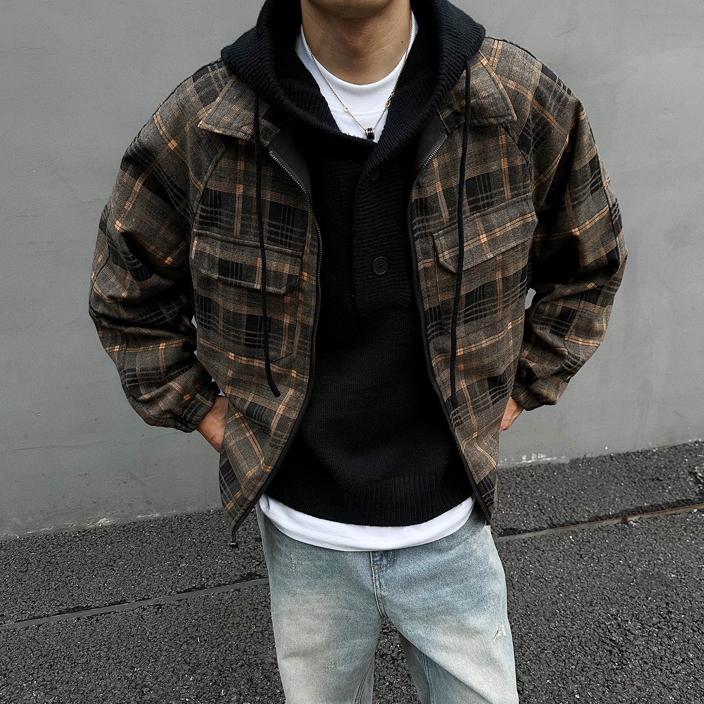 复古cleanfit双面穿格纹风衣夹克