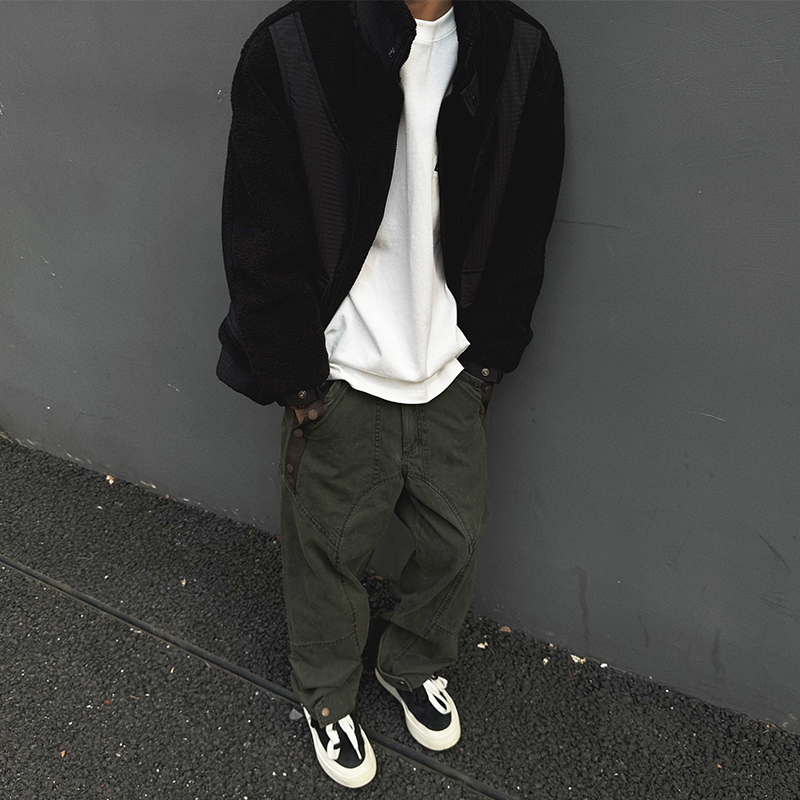 冬季美式复古羊羔拼接棉衣立领