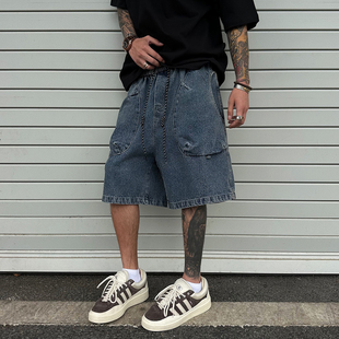 复古松紧宽松休闲五分裤 男女美式 弧形立体口袋牛仔短裤 UNAps夏季