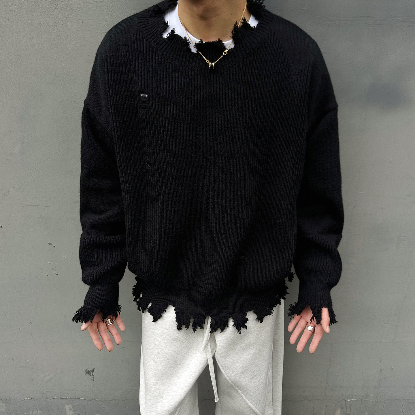 cleanfit美式复古破坏破洞毛衣