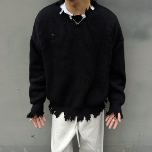 复古破坏破洞毛衣男女宽松短款 cleanfit美式 针织box上衣 UNAPS