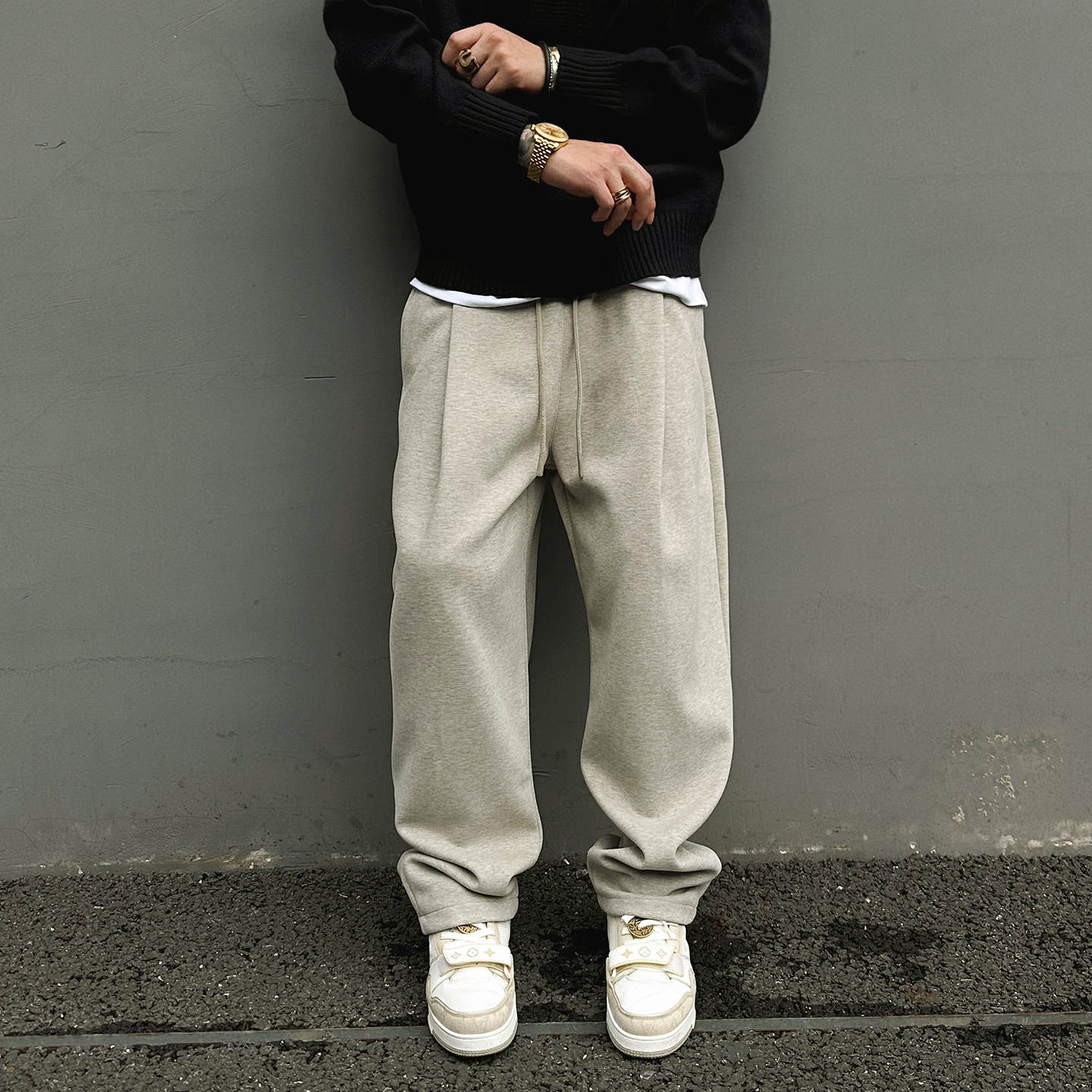 重磅双褶卫裤立体剪裁松紧休闲裤