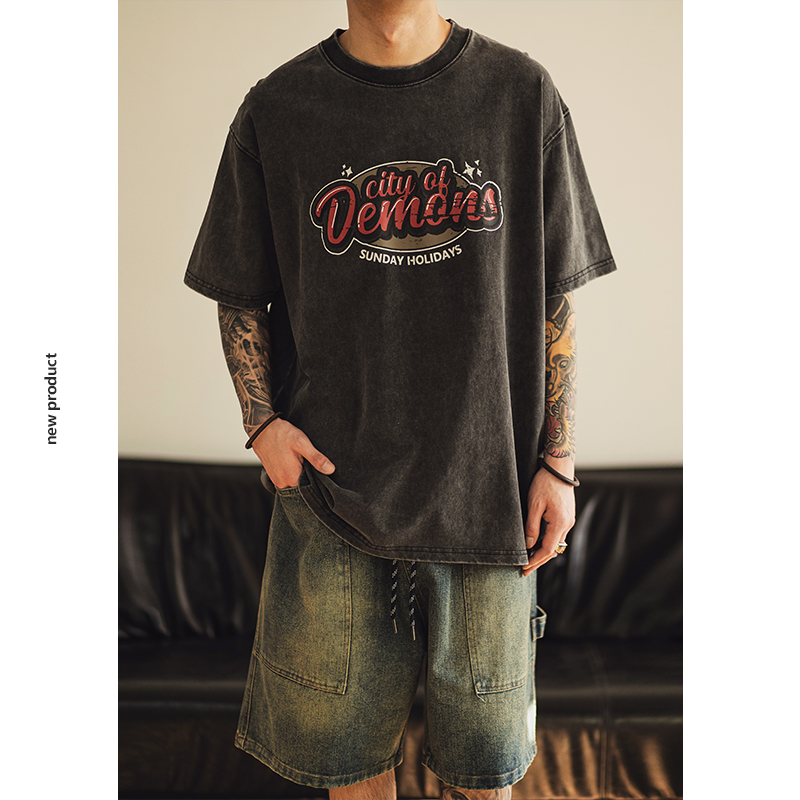 美式高街做旧字母短袖T恤男