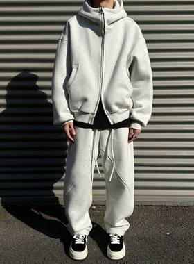 UNAps春秋重磅500克潮流弯刀卫裤男女宽松纯色重磅开衫卫衣外套装