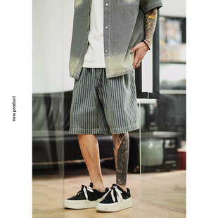 男潮宽松五分裤 UNAps夏季 牛仔短裤 休闲街头复古做旧条纹工装 美式