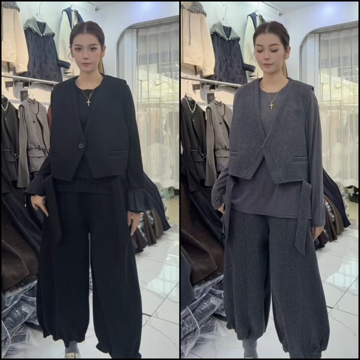 大码女装极简风时尚套装女2025冬季新款显瘦马甲九分阔腿裤二件套