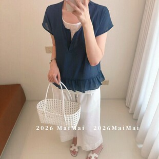 大码女装韩系简约假两件荷叶边T恤女夏季新款短袖层次感上衣