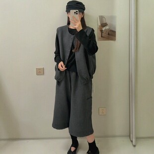 大码秋冬新款高级感简约毛呢马甲阔腿裤两件套时尚百搭显瘦套装
