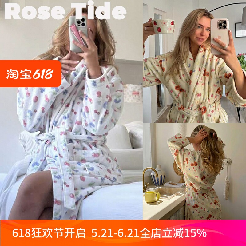 Rose Tide买手店现货折扣Djerf Avenue睡袍莓果印花系带家居浴袍