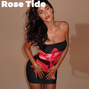 Rose Tide买手店正品KHY连衣裙Kylie同款修身印花包臀短抹胸裙