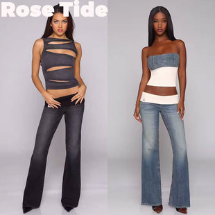 Rose tide买手店折扣Revice denim牛仔裤修身螺纹腰头拼接喇叭裤