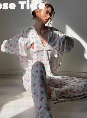 Rose Tide买手店现货Djerf Avenue睡衣莓果印花系扣长袖居家套装