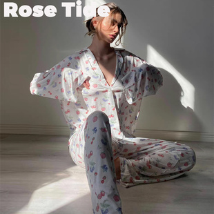 Rose Tide买手店现货Djerf Avenue睡衣莓果印花系扣长袖居家套装