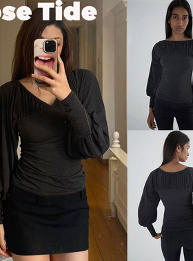 Rose Tide买手店正品现货Paloma wool褶皱V领灯笼袖弹力修身上衣