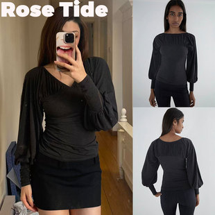 Rose Tide买手店正品现货Paloma wool褶皱V领灯笼袖弹力修身上衣