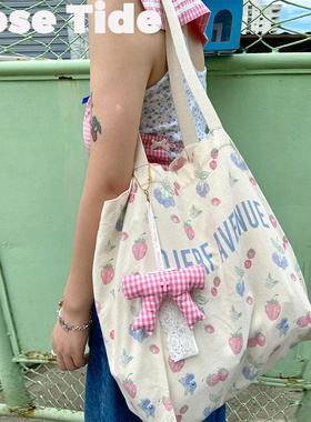 Rose Tide买手店正品现货Djerf Avenue帆布袋莓果印花手提单肩包