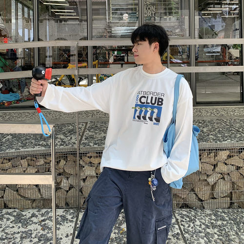 日系cleanfit卡通海鸥印花长袖T恤男生复古港风宽松休闲纯棉上衣