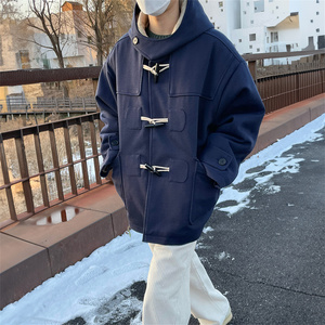 冬季连帽牛角扣呢子大衣男宽松韩版休闲毛呢外套 F163-P128,男装毛呢大衣,星座1017-1