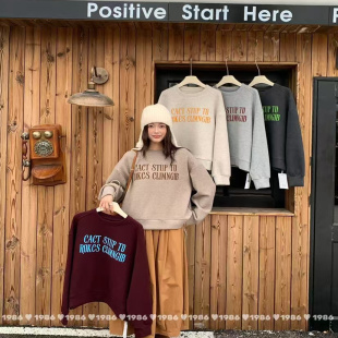 1986加绒卫衣2025冬圆领时尚 上衣62235 百搭休闲简约字母宽松长袖