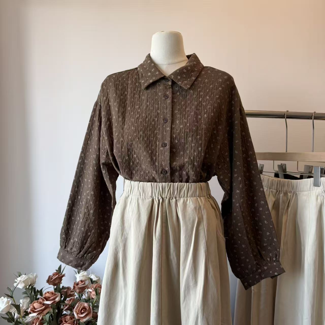 ilook衬衫2025冬日系文艺休闲宽松碎花长袖上衣13509