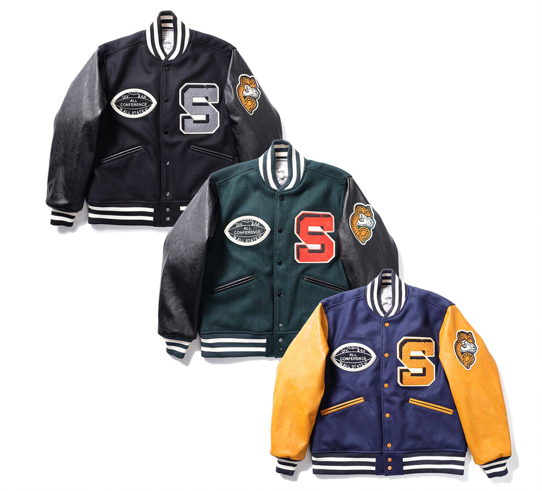 hst melton award jacket 荔枝真牛皮袖麦尔登羊毛呢刺绣野猫棉服