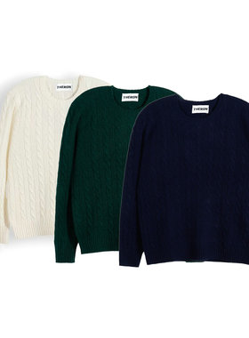 美式经典 Cable-Knit羊毛羊绒混纺绞织纽花圆领毛衣25100807